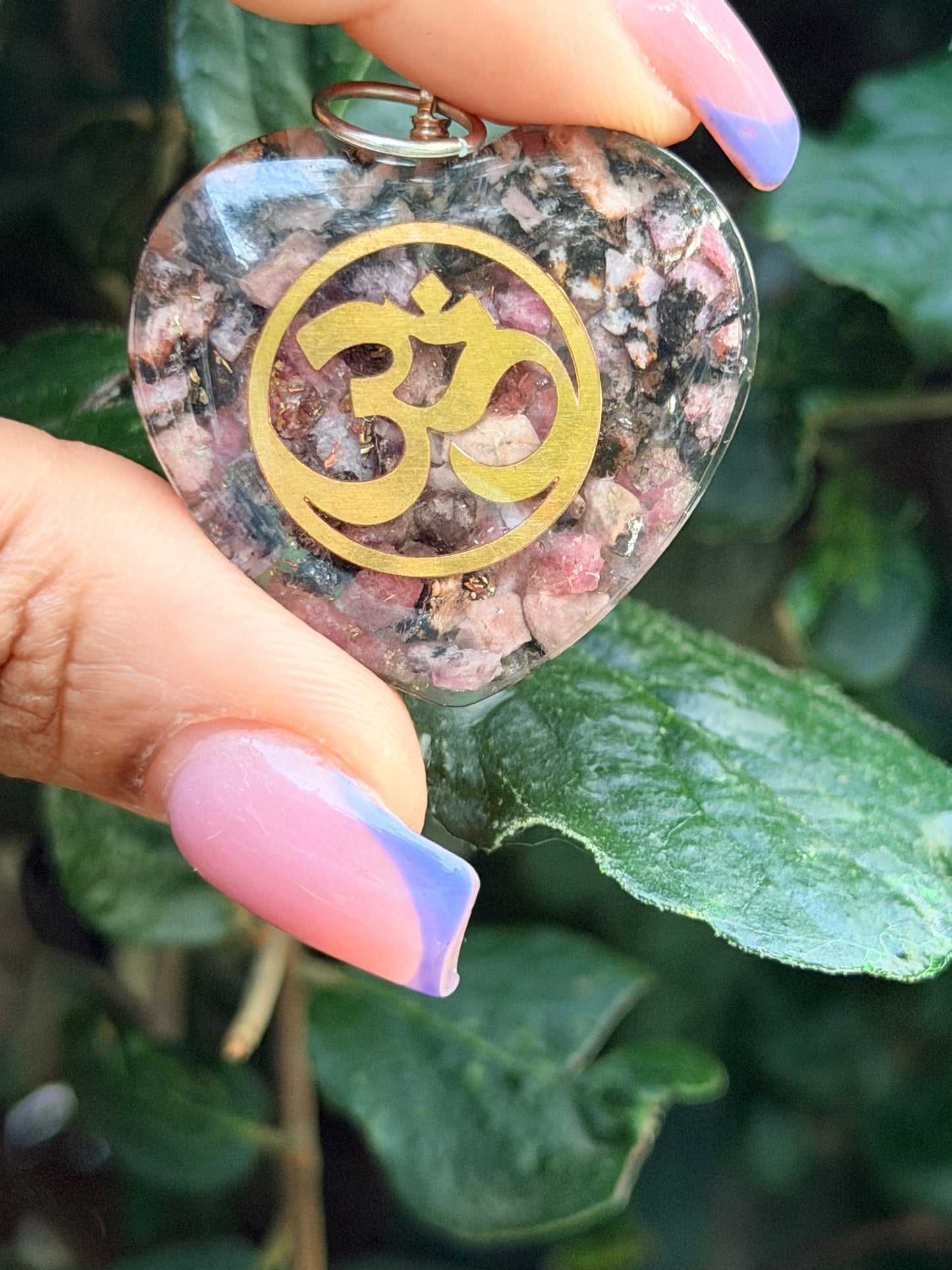 Rhodonite Orgonite Om Heart Pendant