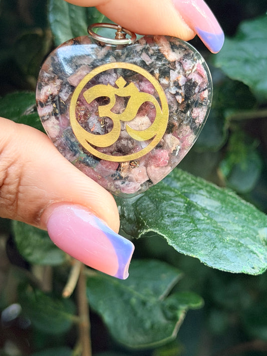 Rhodonite Orgonite Om Heart Pendant