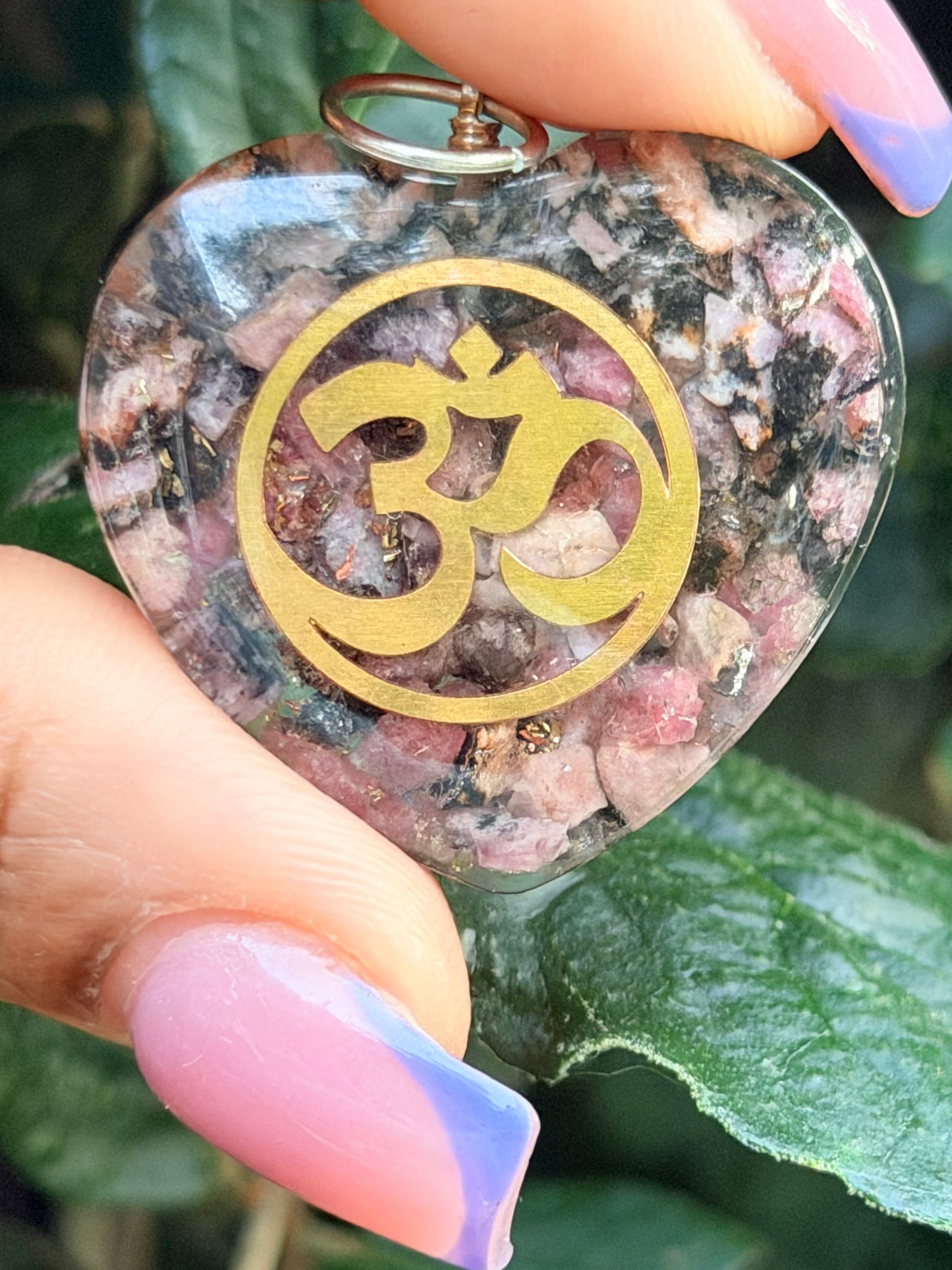 Rhodonite Orgonite Om Heart Pendant